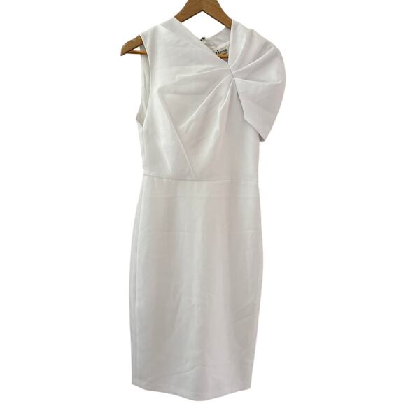 Alice + Olivia Kiro Ruffle-Shoulder Midi Sheath Dress in Bright White Size 4 - Picture 7 of 13